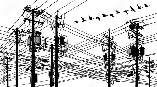 Flock Of Migratory Birds Flying In Sky Above Messy Tangled Electrical Grid System With Power Transmission Towers Silhouette Vector Illustration For Urban Chaos Backgrounds