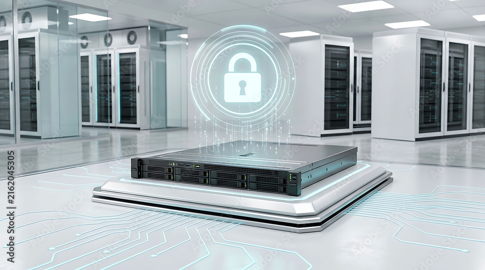 © Al - Cyber security padlock icon glowing on database server rack inside modern data center