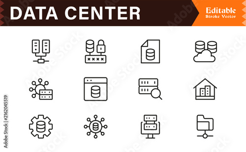 Modern Data Center Line Icon Set – Professional Editable Pixel Perfect Minimalist Icons Collection for Technology Infrastructure and Server Management
