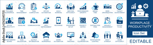 Bild auf Leinwand Workplace productivity and time management icon set