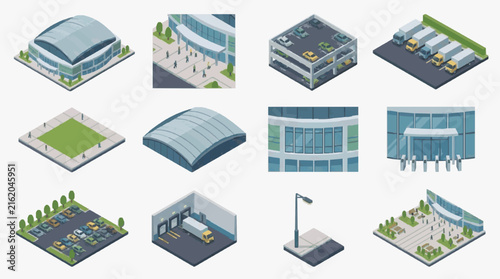 Elegant Isometric Illustrations of Modern Buildings Parking Lots and Urban Infrastructure with Vehicles and Pedestrians