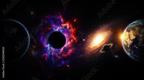 Abstract cosmic background with planets, glowing nebula, and distant galaxies in deep space, digital art illustration of a mysterious universe with halftone texture