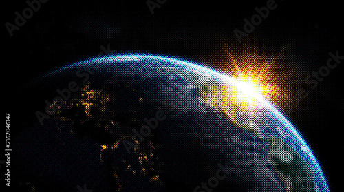 A breathtaking view of the earth from space, capturing the brilliant sunrise over the planets horizon with glowing city lights visible in the dark hemisphere with halftone texture