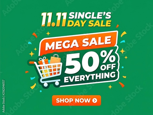 11.11 single day sale mega discount poster with shopping cart