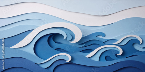 abstract blue ocean sea wave paper cut background texture design with 3d layers