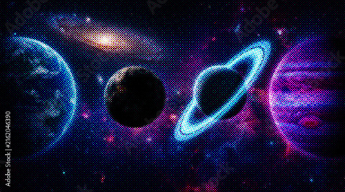 Abstract space background with planets, glowing rings, and distant galaxies in a vibrant cosmic nebula, digital art illustration with a halftone dot pattern effect with halftone texture