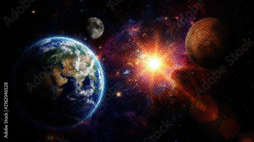 Earth and moon in deep space with a bright glowing star and nebula background with halftone texture