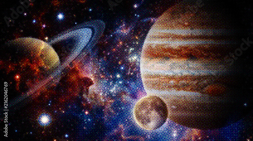 Cosmic view of saturn and jupiter with a moon in deep space, featuring vibrant nebulae, glowing stars, and detailed planetary rings in a colorful, artistic galaxy background with halftone texture