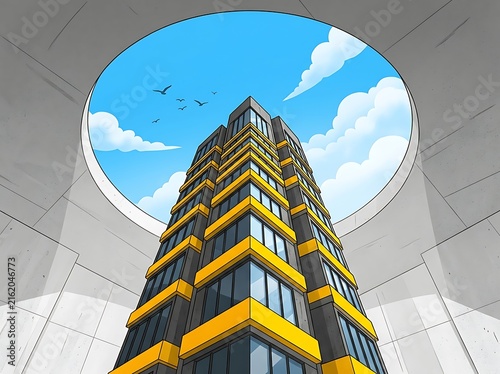 Modern skyscraper building reaching for a bright blue sky