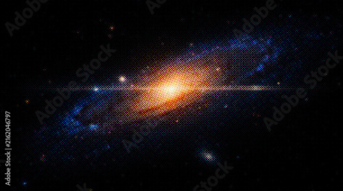 Stunning spiral galaxy in deep space with bright glowing core and swirling blue nebulae, cosmic nebula background with halftone texture