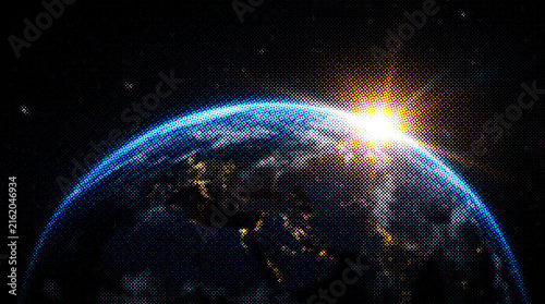 Sunrise over earth from space, showing the glowing horizon and city lights on the dark side of the planet, a beautiful view of our world in the vast universe with halftone texture