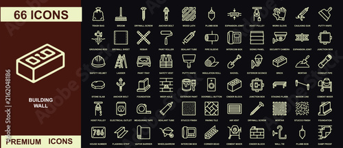 Sixty-six linear construction and building featuring tools, and structural outline