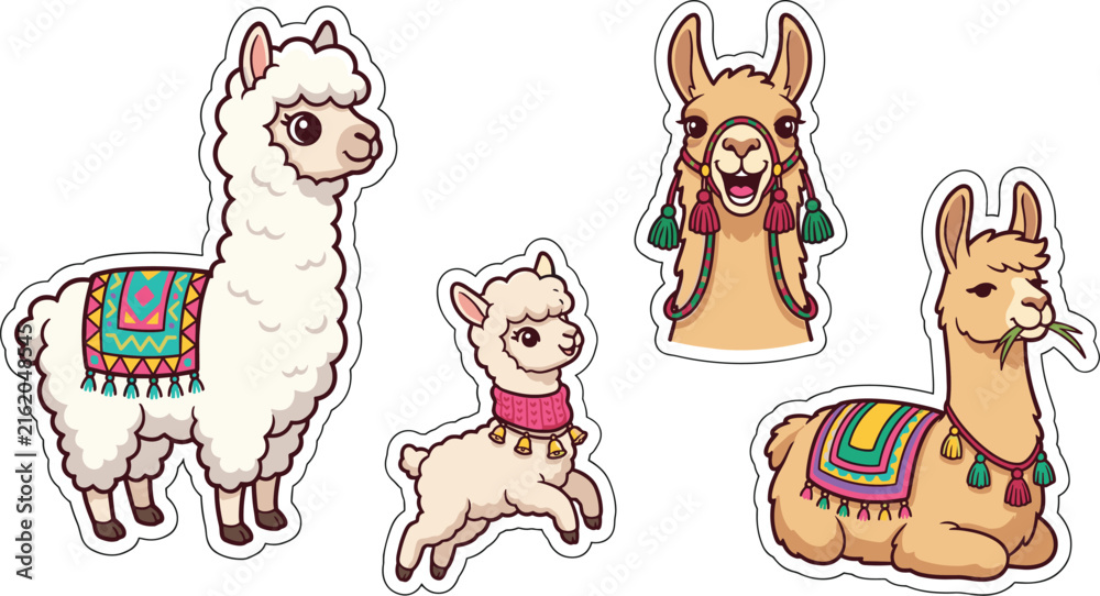 Naklejka premium Cute cartoon llama and alpaca sticker collection set featuring adorable characters with traditional blankets, jumping baby llama, isolated on white background.