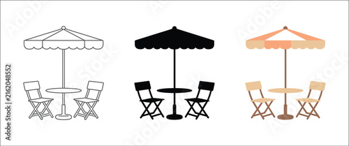 Картината върху платно Outdoor patio set illustrations featuring sun umbrellas, tables and chairs in th