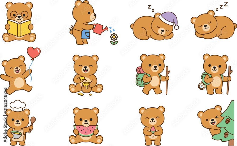 Fototapeta premium Cute cartoon teddy bear character collection showing daily activities like reading sleeping hiking cooking eating and gardening isolated on white background