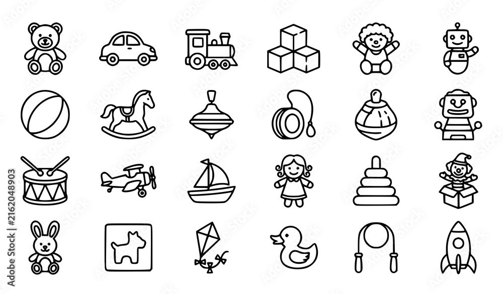 Fototapeta premium Children Toys Thin Line Outline Vector Icon Set for Kids