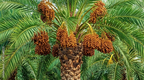 Close-up of a lush date palm tree featuring multiple heavy clusters of ripening orange-brown dates hanging from the textured, fibrous trunk amidst vibrant green, feathery palm fronds