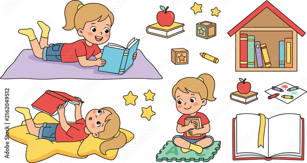 Fototapeta premium Cute Little Girl Reading Book Character Vector Set with Child Sitting Lying on Rug Bookshelf Apple and Kindergarten Education Elements