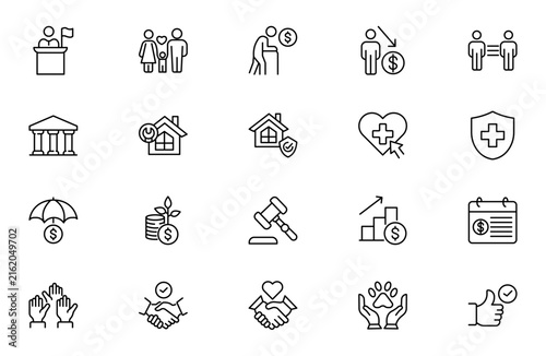 Social Policy Line Icon Set for Community Welfare, Public Services, Social Justice, Government Programs, Equality and Civic Support Outline Vector Collection