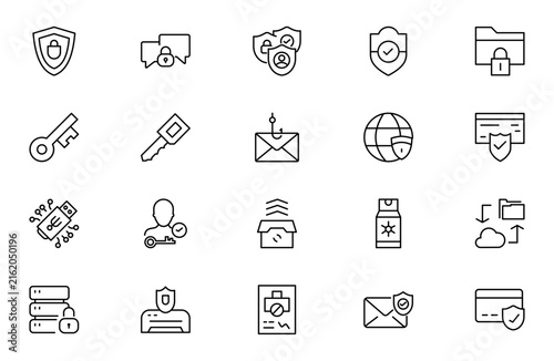 Data Protection Line Icon Set for Data Privacy, Cybersecurity, Secure Information, Encryption, Digital Security and Personal Information Management Outline Vector Collection