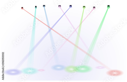 Colorful laser beams and light spots on white background