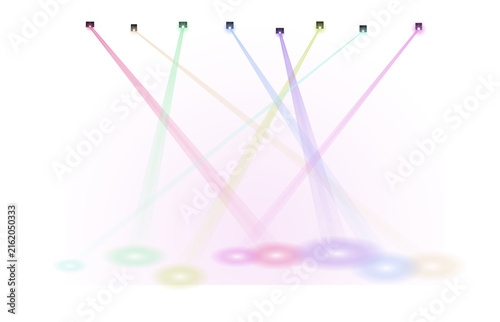 Eight colored beams of light projecting downward with circular glows on white background, projection spotlight
