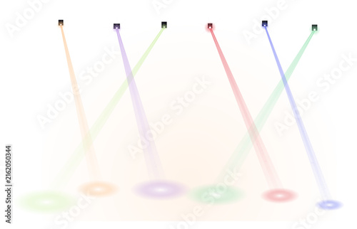 Six colored light beams projecting downward on white background, projection