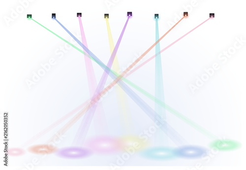 Seven colored beams of light projecting downward on a white background, projection