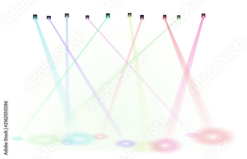 Multiple colored light beams projecting downward with soft glows on white background, projection