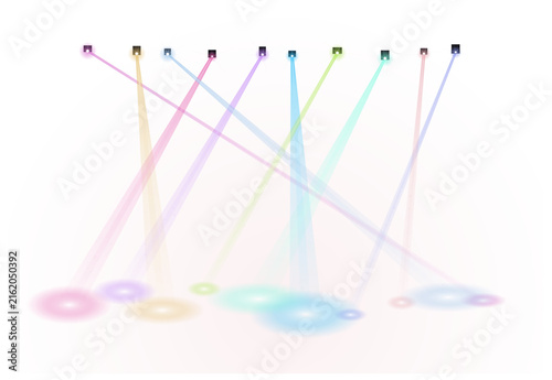 Colorful light beams projecting from square lights onto a white background, projection