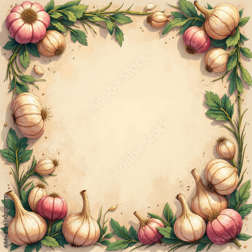 Garlic illustration with blank space for text, botanical style, organic colors