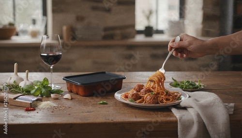 Person enjoying spaghetti and meatballs for dinner at home