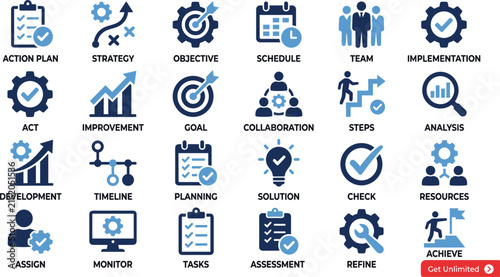 Action plan and strategic management vector icon set featuring strategy objective schedule team goal collaboration timeline assessment symbolsAction