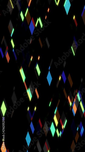 Looping animation of colorful geometric diamond shapes with prismatic shine moving on a black background, seamless loop of abstract vertical overlay
