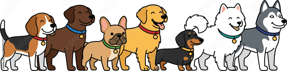 Obraz premium Cute Dog Breed Row Set with Golden Retriever, Husky, Bulldog, and Beagle Wearing Collars for Pet Shop Borders and Veterinary Veterinary Graphic Designs