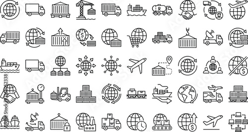 Logistics and global shipping line vector icon set featuring cargo container truck ship airplane freight distribution supply chain transport symbolsLogistics