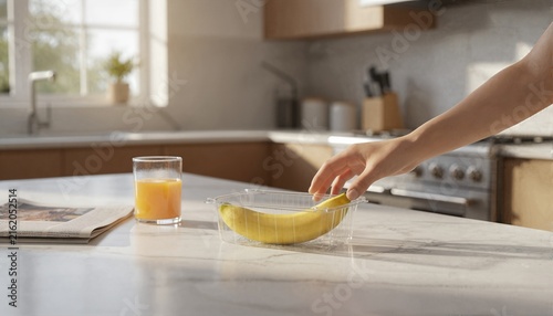 Person reaching for fresh banana in clear punnet on bright marble kitchen counter