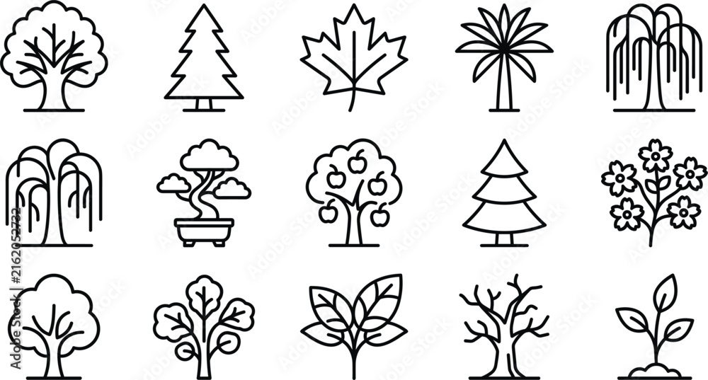 Fototapeta premium Trees and botany line vector icon set featuring oak pine maple palm weeping willow bonsai fruit tree plant symbolsTrees 