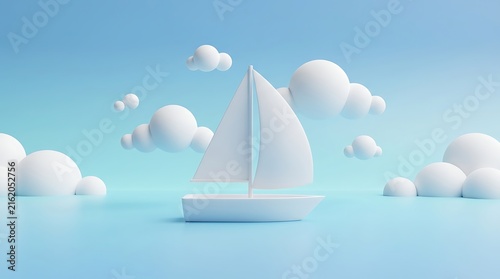 3D render of a white sailboat on blue water with fluffy clouds in a minimalist style