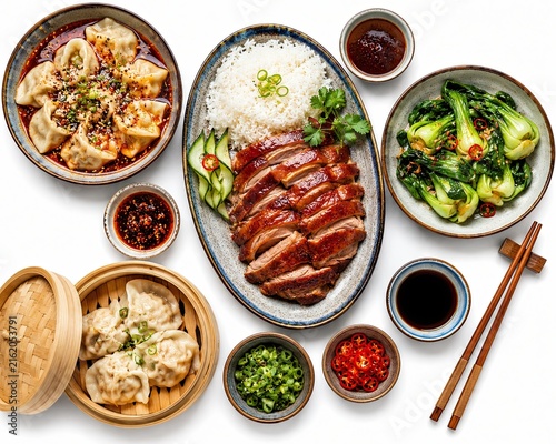 Top view of delicious assorted chinese food dishes on dining table