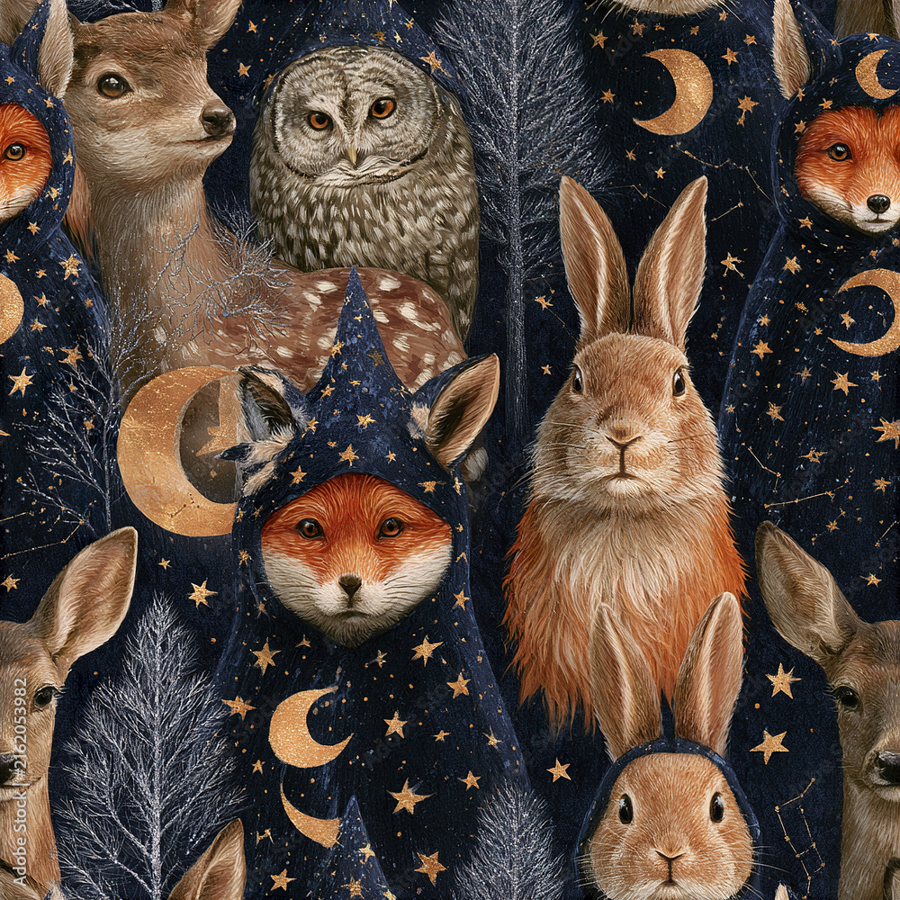 Fototapeta premium Celestial forest animals pattern featuring foxes rabbits deer owl with starry night moon and tree background