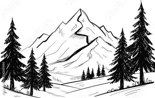 Black line art mountain range with pine trees vector sketch.