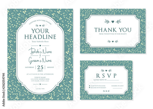 Teal Delicate Floral Botanical Wedding Invitation Suite Vector Template
