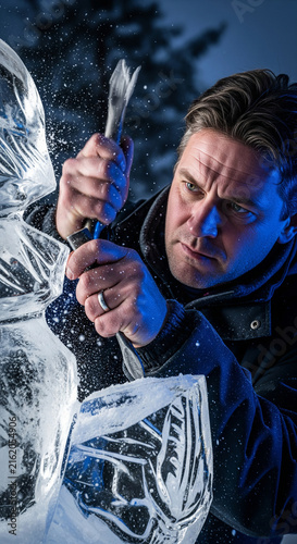 Focused man carving detailed ice sculpture using chisel with flying snow particles under dramatic blue night light