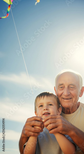 Happy elderly man helping young grandson fly colorful kite in sunny blue sky