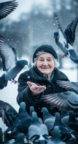 Happy elderly woman smiling while feeding flock of pigeons flying around her hand in snowy winter park