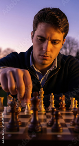 Serious young man moving chess piece on board during sunset with warm light on face and purple sky