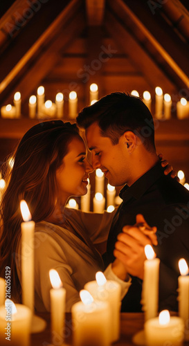 Romantic young couple dancing closely with foreheads touching surrounded by glowing candles in warm wooden interior