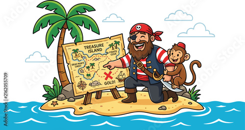 Photography Cute cartoon line art illustration of a happy pirate captain and monkey companio