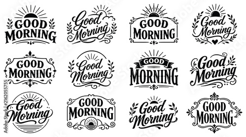 Good morning vintage logo set with sunrise elements and decorative frames for journals.